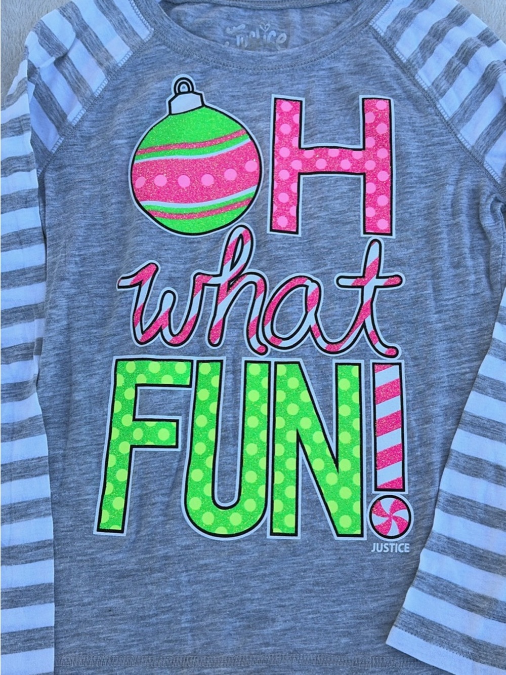 Justice Gray Long Sleeve Tee with Pink & Green Holiday Graphic